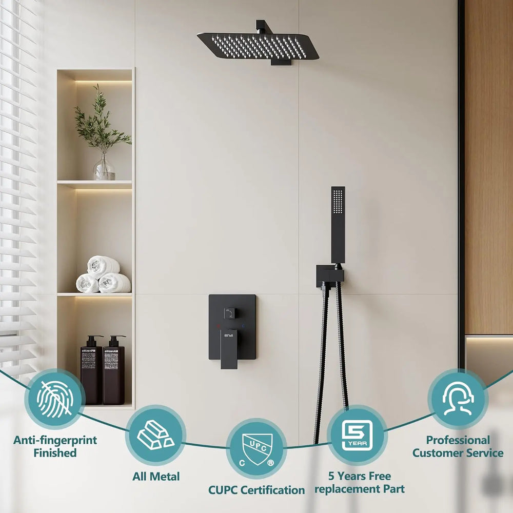 Black 12" High-Pressure Wall-Mounted Shower System